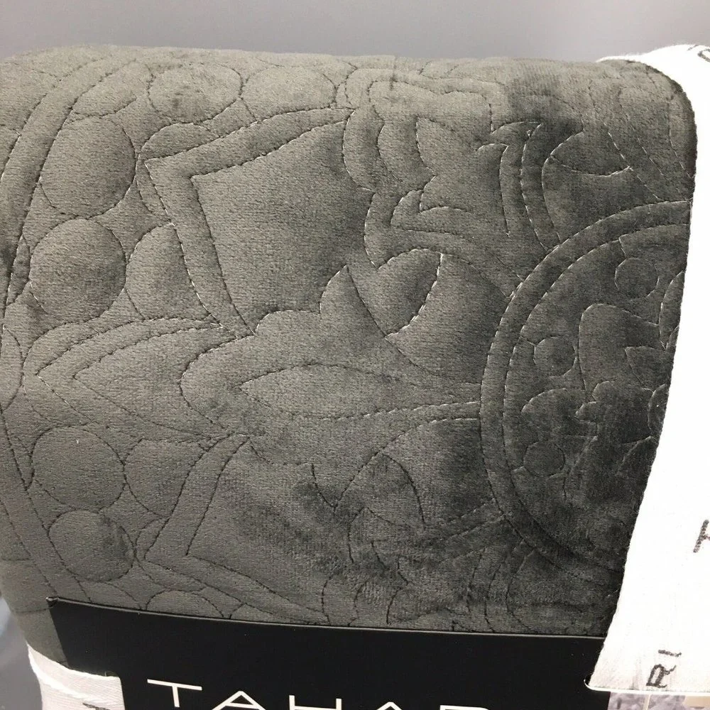 3pc Tahari Charcoal Gray Medallion Holland KING Velvet Quilt Sham Set Designer